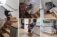 Garaventa Lift stairlift inside a home in Essen; dark seated stairlift on a curved rail along a staircase with an intermediate landing.