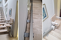 SLG 1100 Treppenlift von Garaventa Lift auf einer geraden Innentreppe, heller Sitzlift mit schlanker Schiene entlang der Stufen.