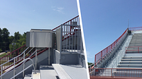 Artira platform lift outdoors on a stadium grandstand next to a long staircase.