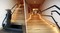 Artira platform lift indoors on a long, straight wooden staircase.