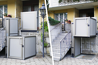 Hublift von Garaventa Lift im Außenbereich an einer Treppe, barrierefreier Zugang zum Hauseingang