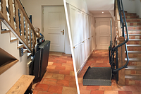A platform lift inside a single-family home: on the left, folded away neatly beside the wooden staircase; on the right, unfolded in the hallway with the platform ready to use.