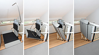 Plattformlift Artira im Innenbereich an Treppe in vier Schritten von offen bis zugeklappt