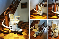 Freecurve SLK curved stairlift by Garaventa Lift on a wooden staircase inside a home in Cologne; beige seated stairlift with a curved rail.