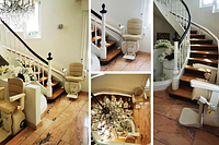 SLK Freecurve curved stairlift by Garaventa Lift on an elegant wooden staircase in a home; beige seated stairlift with a foldable footrest.